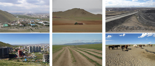 2005年と2017年に撮影したウランバートル（Улаанбаатар）の都市化の様子、2016年に撮影したアーガラント（Аргалант）と ナライハ（Налайх) で農地や道路によって草原が破壊された様子、2016年に撮影したモンゴル最大の炭田タバントルゴイ（Таван толгой）および周辺の草原・砂漠の様子の写真