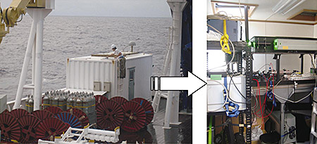 研究船「みらい」搭載、高スペクトル分解ライダーによるインド洋での検証実験風景の写真　クリックすると拡大画像をポップアップします