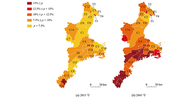 2015年および2045年における三重県での可燃ごみ排出量に占める使用済み紙おむつ排出量の割合図