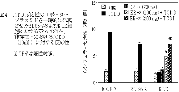 図４  TCDD反応性のリポータープラスミドを一時的に発現させたRL95-2およびKLE細胞におけるERαの存在、非存在下におけるTCDD（10nM）に対する反応性