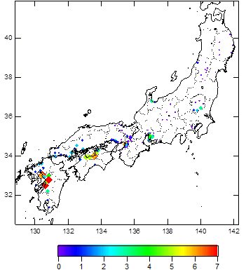 図3．2013年1月1日から2月5日における、測定局でのPM<sub>2.5</sub>濃度環境基準値(1日平均値35μg/m<sup>3</sup>)超過日数分布