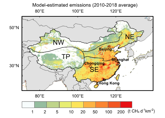 中国の2010～2018年のメタン排出量のNTFVAR推定結果の図