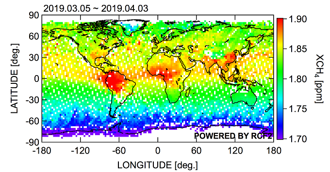 FTS-2が平成31年3月5日〜4月3日に取得したデータにプロキシ法を適用して求めたメタンのカラム平均濃度の分布図の画像