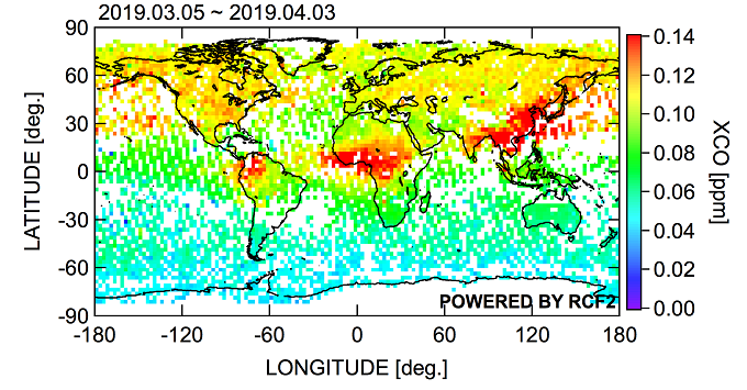 FTS-2が平成31年3月5日〜4月3日に取得したデータにプロキシ法を適用して求めた一酸化炭素のカラム平均濃度の分布図の画像