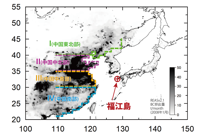 長崎県・福江島の位置。地図の背景はブラックカーボンの排出量推計マップ