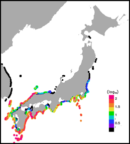 ニホンウナギ仔魚が海流によって各地の沿岸域に輸送されてくる数、2008年から2017年のシミュレーション結果の平均値を表した図