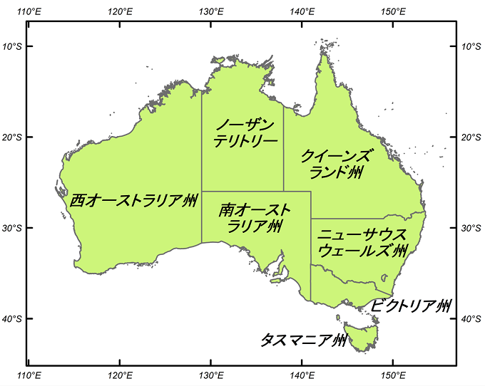 オーストラリアの地図に州名を記入した図